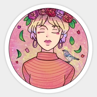 Aesthetic Anime Girl With bird on Shoulder Sticker